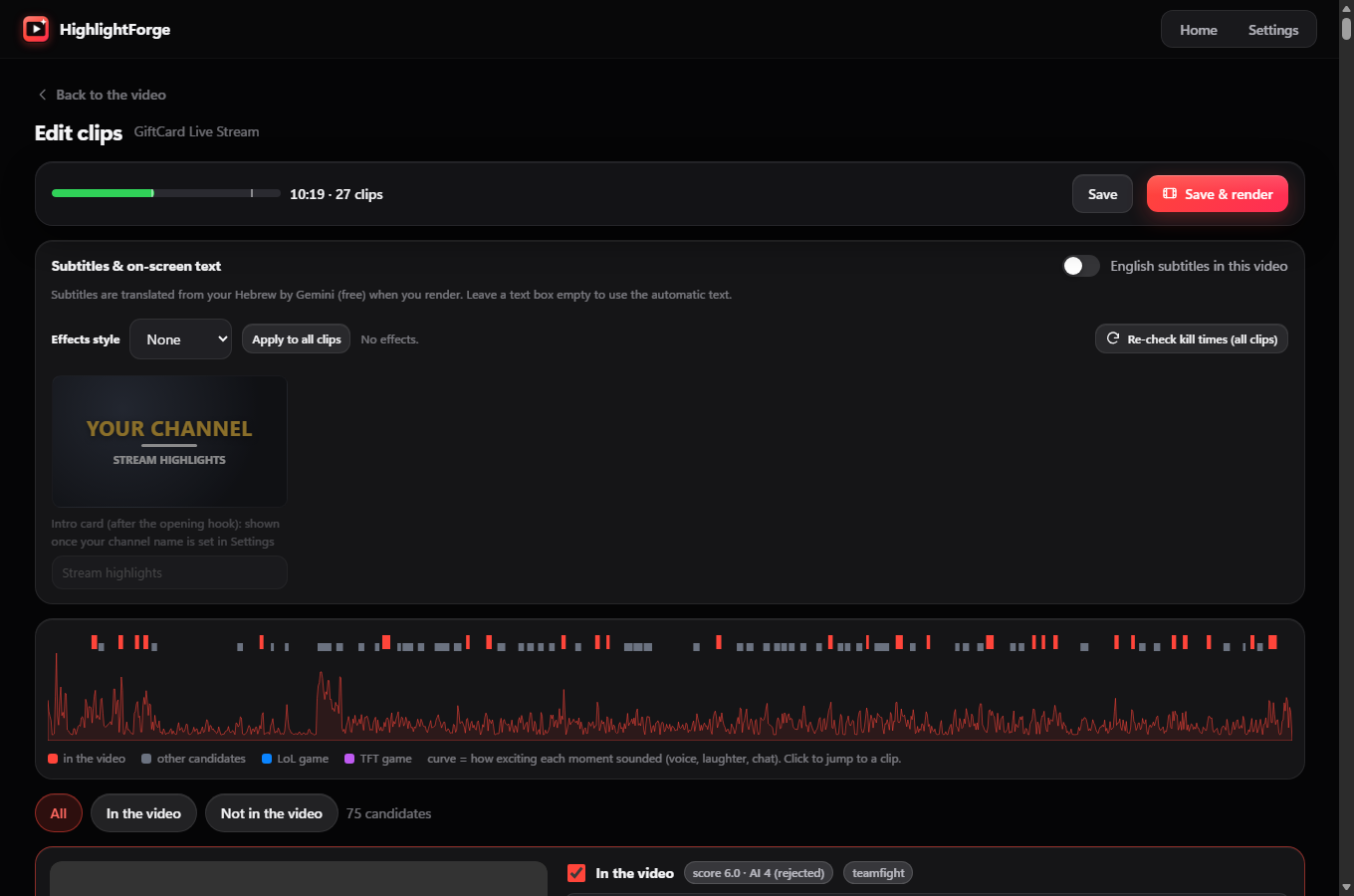 Edit clips: the timeline of moments found in a stream